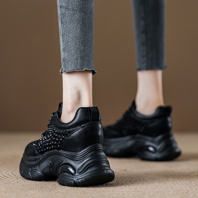 秋季爆款百搭小个子厚底增高黑色老爹鞋女内增高8cm显脚小运动鞋