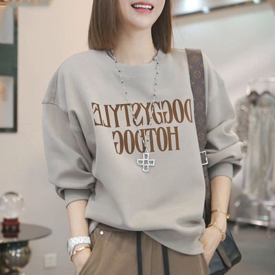 韩版高级感字母印花长袖厚棉T女2026春秋新款宽松透气时尚百搭上