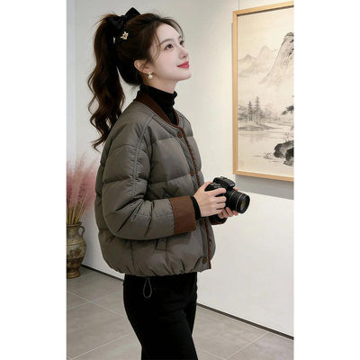 高级感棒球领撞色短款棉服外套女2026冬季新款通勤风加厚保暖棉衣