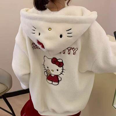 可爱HelloKitty卡通刺绣连帽卫衣女初高中学生连帽加厚羊羔毛外套
