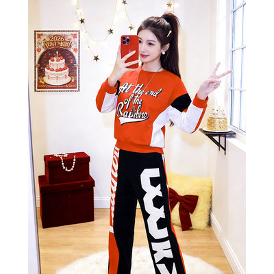 Q爆款慵懒随性风圆领撞色字母厚棉T2026秋冬拼接通勤百搭上衣女