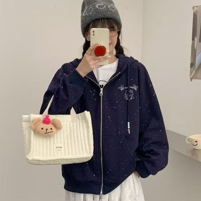 时尚潮流卡通hellokitty刺绣连帽宽松藏青色卫衣女秋拉链开衫外套