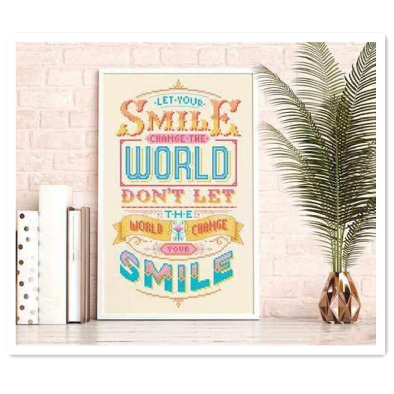 Let your smile change the world cross stitch kit word carto