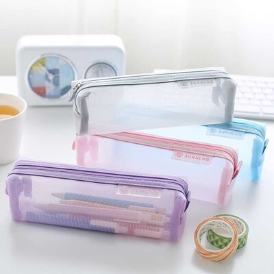 School Mesh Pencil Cases Kawaii Cute Solid Color Transparen