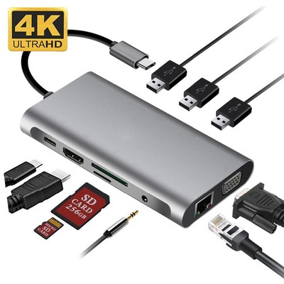USB HUB C 10 in 1 Thunderbolt 3 Type C Adapter Dock 3 USB 3
