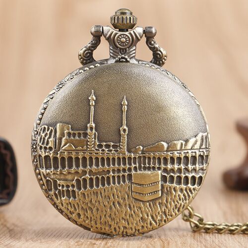 Classic Castle Building Quartz Pocket Watch Bronze Antique