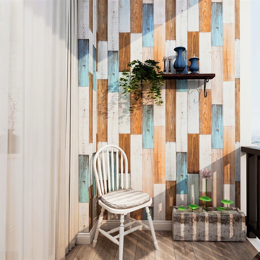 peel and  wallpaper 3d wood plank  brown/white/blue vinyl se
