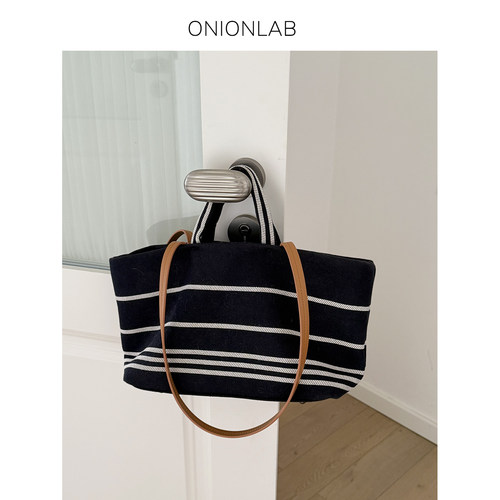 Onionlab小香风沙滩包色织牛仔条纹包手提单肩托特包大容量通勤包