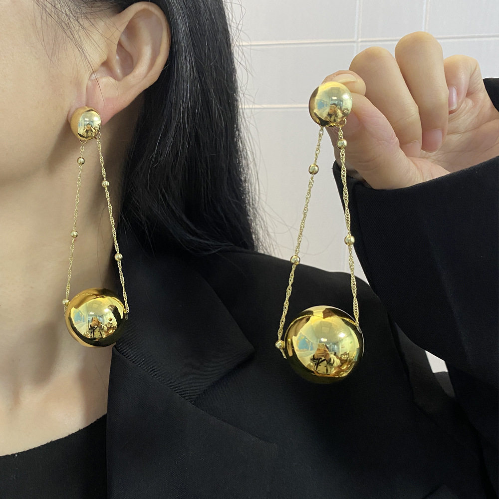 法国capinkofin欧美金银极简金属大球长款耳环女轻奢时尚气质