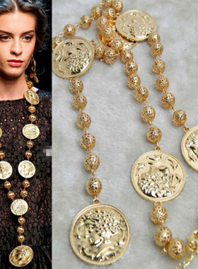 法国capinkofin欧美走秀款巴洛克复古风金属人头像圆牌长款项链