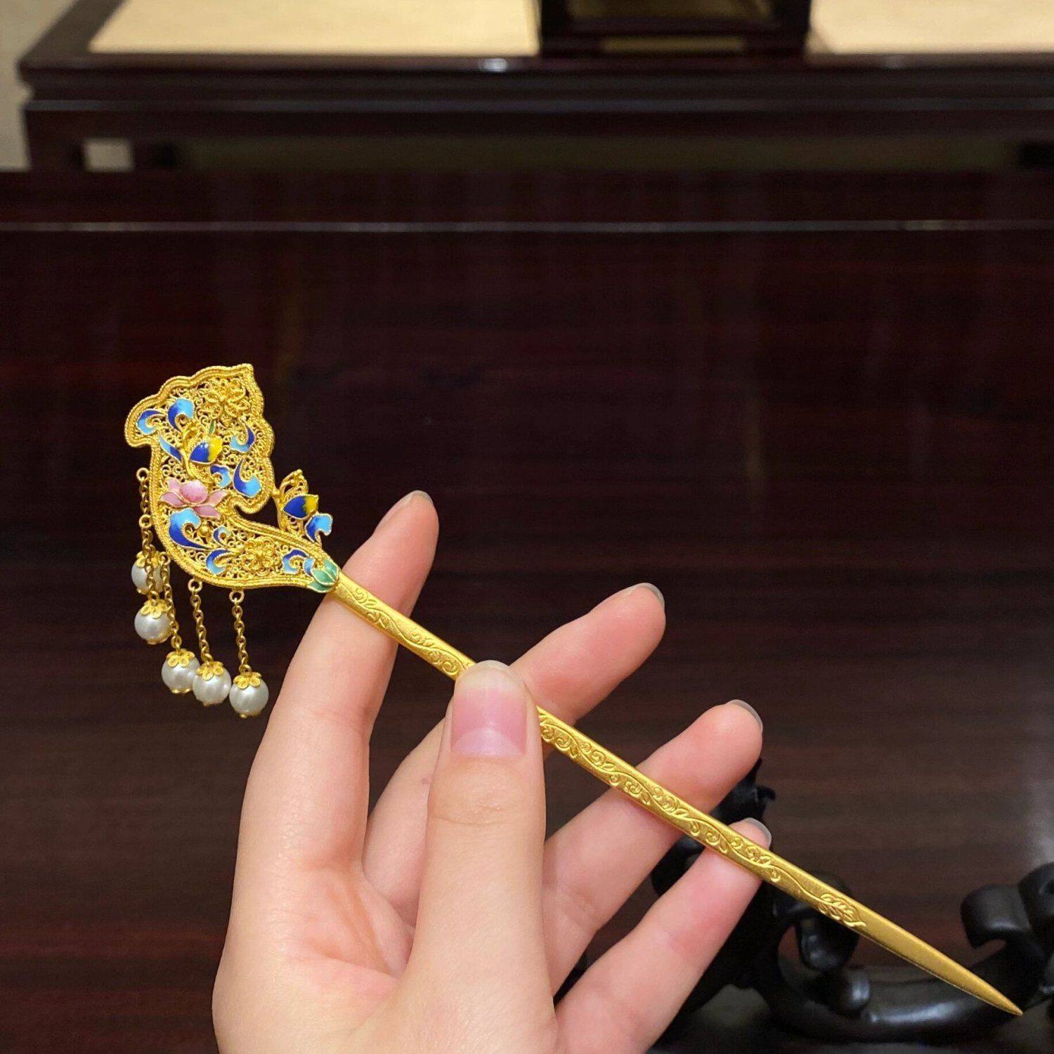 法国capinkofin鎏金仿点翠花丝烧蓝莲花贝珠流苏发簪女宫廷高级