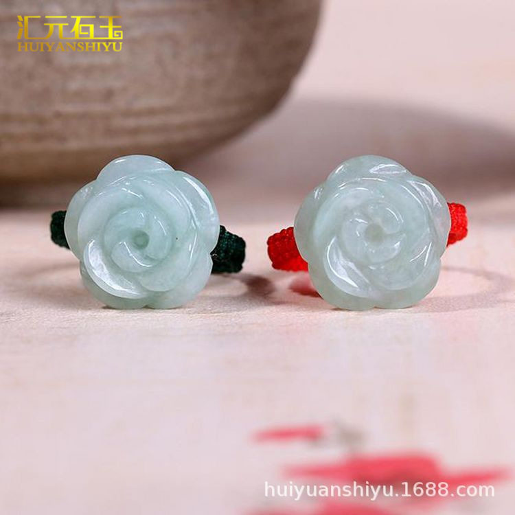 翡翠玫瑰花戒指情侣款手工编织指环戒圈翠玉玫瑰花散珠毛衣链吊