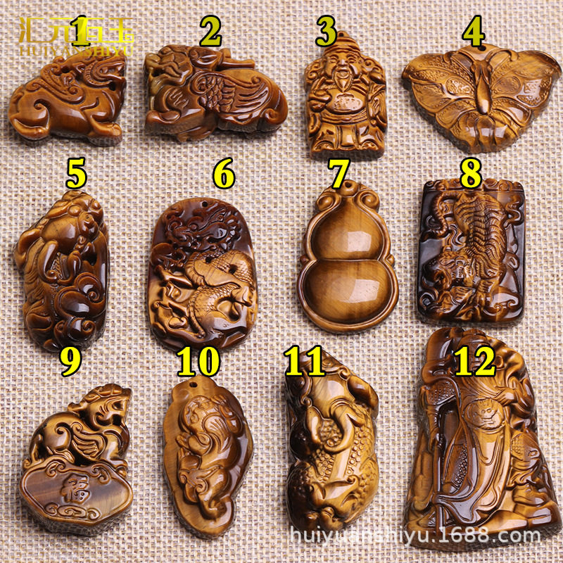 虎眼石貔貅吊坠木化石木变石生肖龙虎挂件虎睛石关公玉坠
