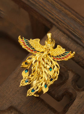 法国capinkofin新款古法国潮色凤凰戒指凤羽花丝镂空珐琅轻奢