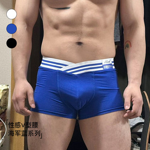 【教练实拍】海军蓝条纹大V腰带内裤男士莫代尔U凸四角短裤OR6247