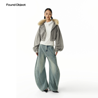 Found Object 水洗灰短款开衫毛领卫衣外套Fein Loop-Hood Jacket