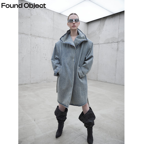 FoundObject中长款牛仔风衣外套