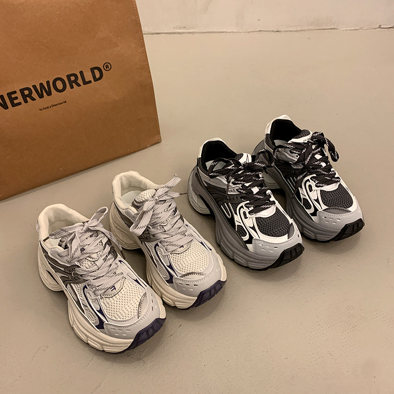 日本品质抖音同款老爹鞋欧洲站2025春季厚底女鞋网面透气增高休闲