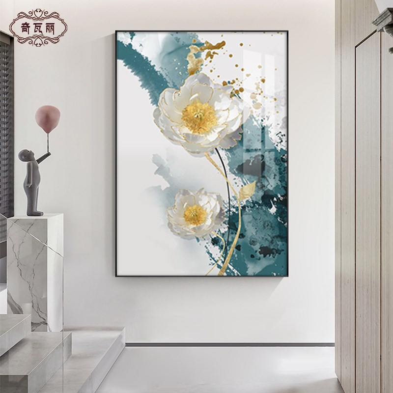 爆款抽象花卉白牡丹玄关挂画2022年新款装饰画轻奢油画客厅壁画晶图片