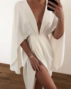 Sleeve Plunge Dress深V斗篷性感連衣裙 Cape Slit Ruched Detail