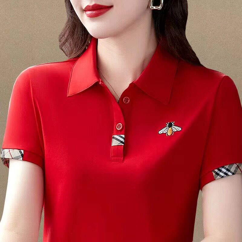 短袖翻领t恤女绣花polo衫