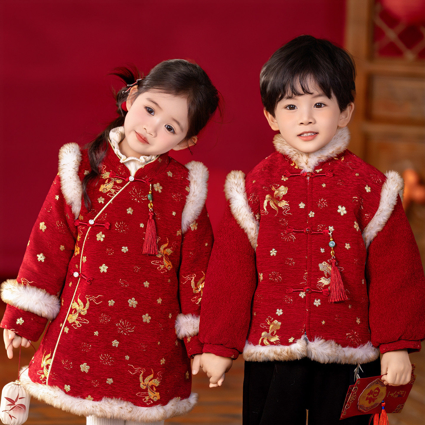 男童套装拜年服女童汉服加绒女童旗袍红色喜庆过年衣服儿童中式