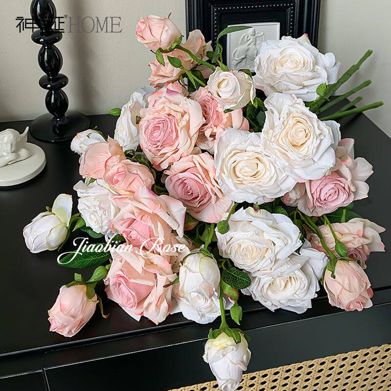 欧式复古油画焦边玫瑰花假花仿真花摆设客厅仿生干花插花花艺摆件