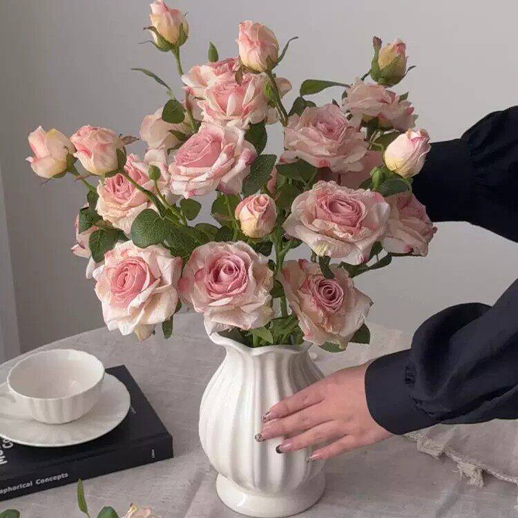 法式卡布奇诺焦边玫瑰花仿真花浪漫客厅插花花艺高端手捧花拍照
