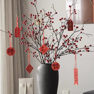 新年氛围装饰发财果仿真花中式摆件春节红果假花带花瓶装饰品客厅