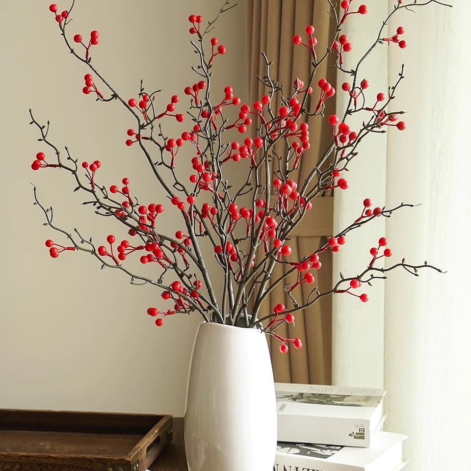 发财果仿真花摆件客厅装饰红色冬青假花新年红果摆设红浆果年宵花