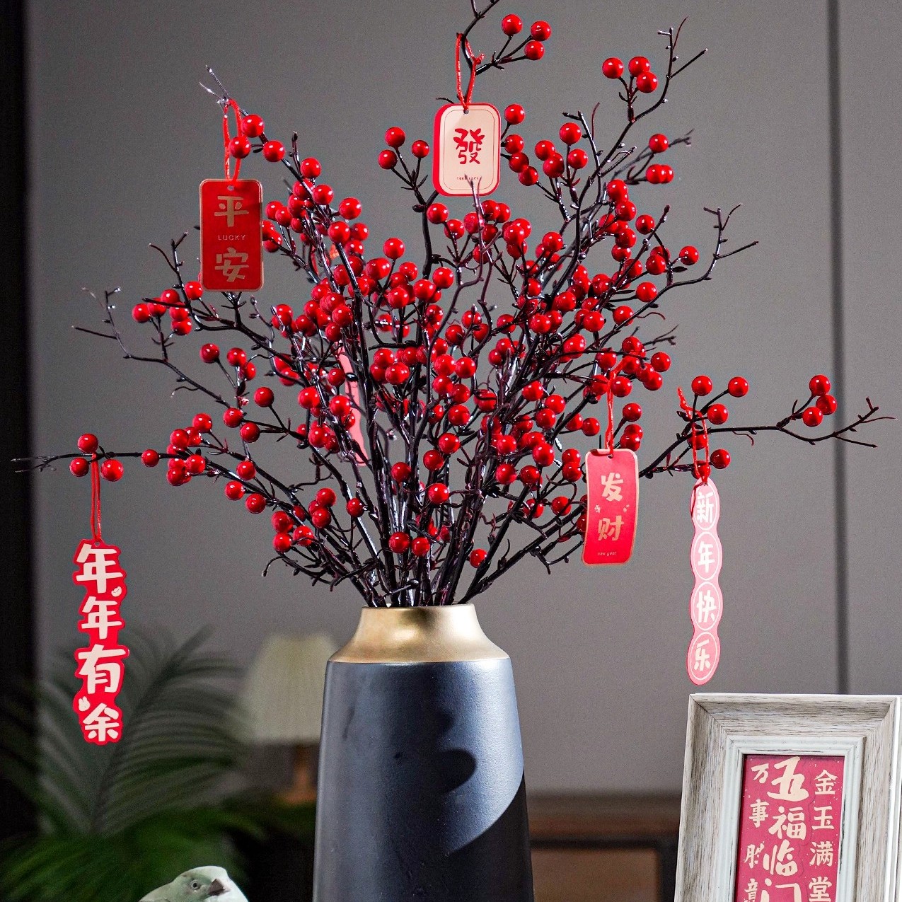 发财果仿真花红果新款幸运果红色摆设插花手工客厅摆放花浆果