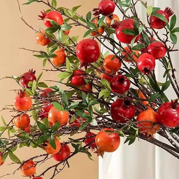 中国风仿真石榴果摆件柿子树枝红浆果发财果假花客厅装饰玄关插花