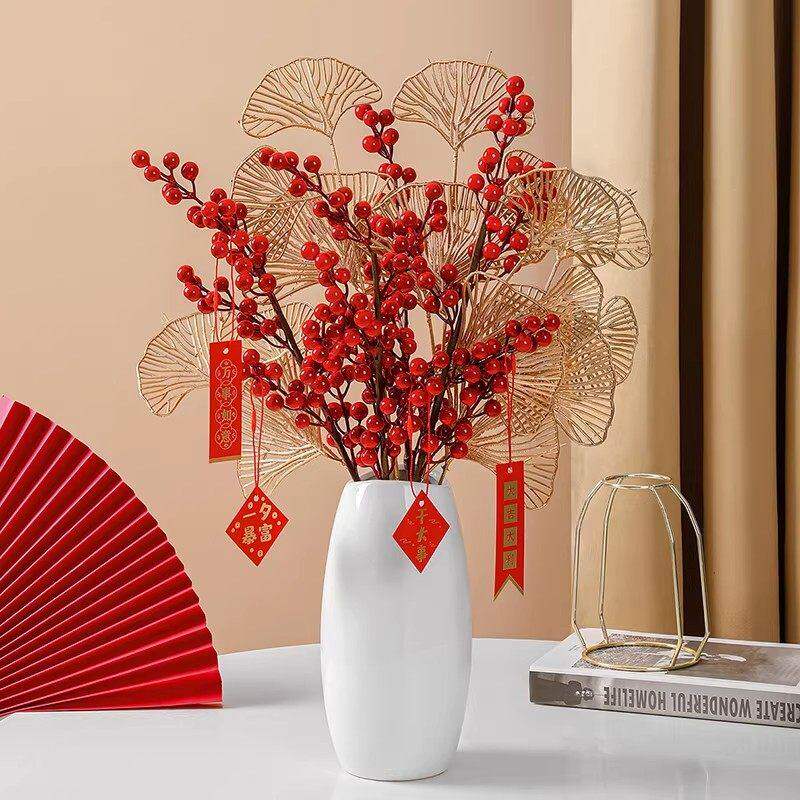 发财红果仿真花摆设红色浆果红果高级红果子手工冬青客厅卧室摆件