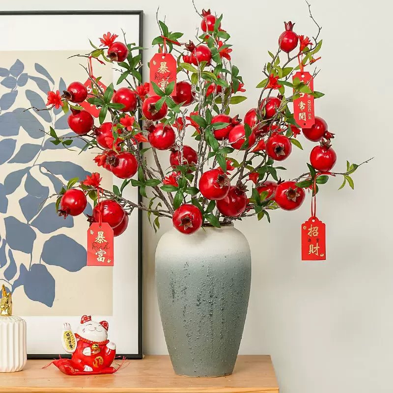 落地仿真石榴浆果树枝假花大花瓶插花客厅玄关布景装饰花艺摆设