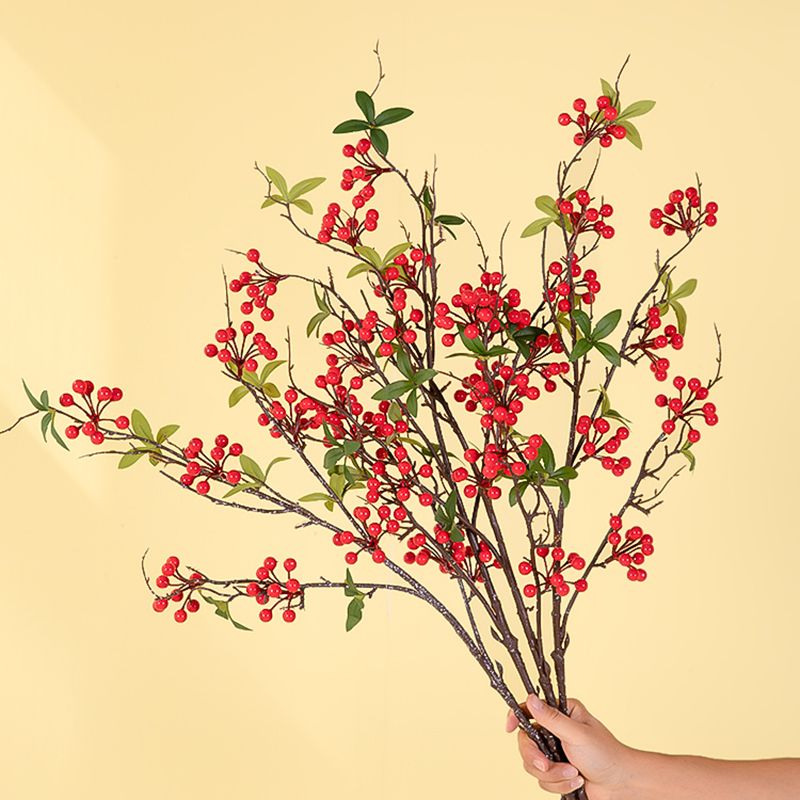 带叶富贵红果发财果仿真花摆件新年如意果实摆件红豆花束年宵花