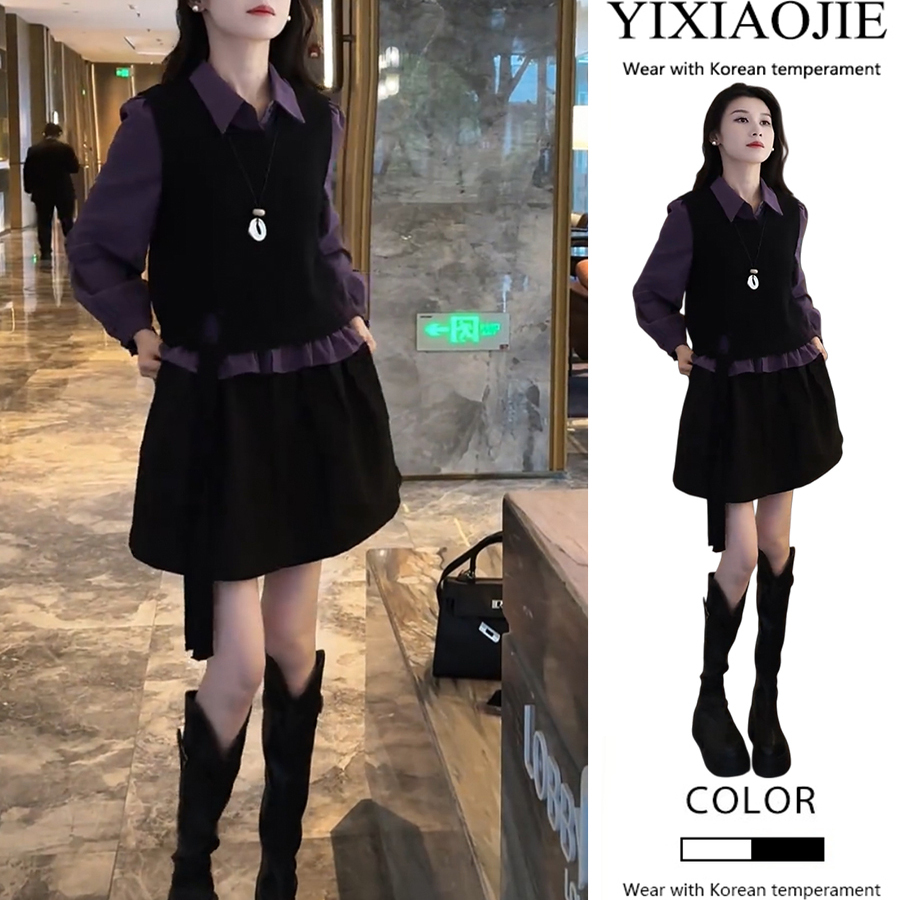 秋冬新款休闲学院风宽松收腰衬衫上衣+百搭马甲+高腰半身裙三件套