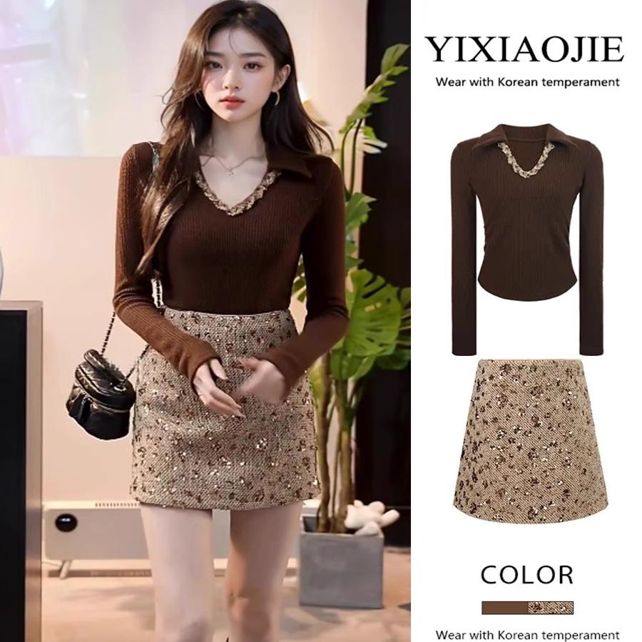 2025年春秋时尚潮流女装洋气时髦套装显瘦上衣亮片半身裙两件套装