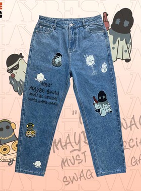 MAYBE SWAG幽灵刺绣印花蓝色牛仔裤宽松嘻哈潮流休闲裤子国潮街头