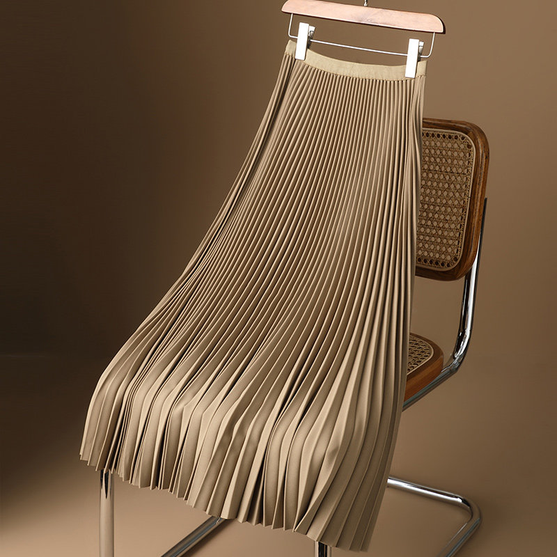 卡其色高级感百褶裙女夏季新款2025高腰显瘦中长版垂感A字半身裙