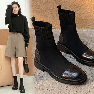 2025秋冬弹力瘦瘦靴女真皮圆头针织毛线短靴袜靴平底靴子黑色棉靴