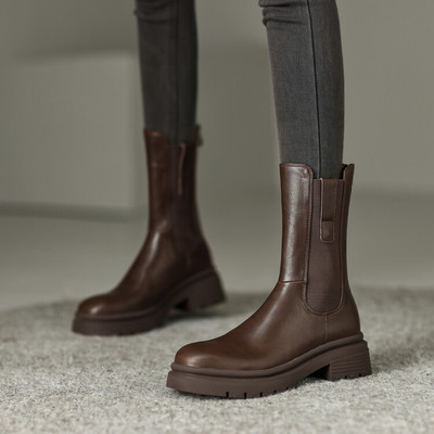 厚底粗跟头层皮切尔西靴松紧短靴