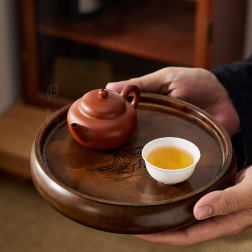 归鸿喜鹊中式黄铜储水式圆形大容量茶盘干泡台客厅家用蓄水壶承