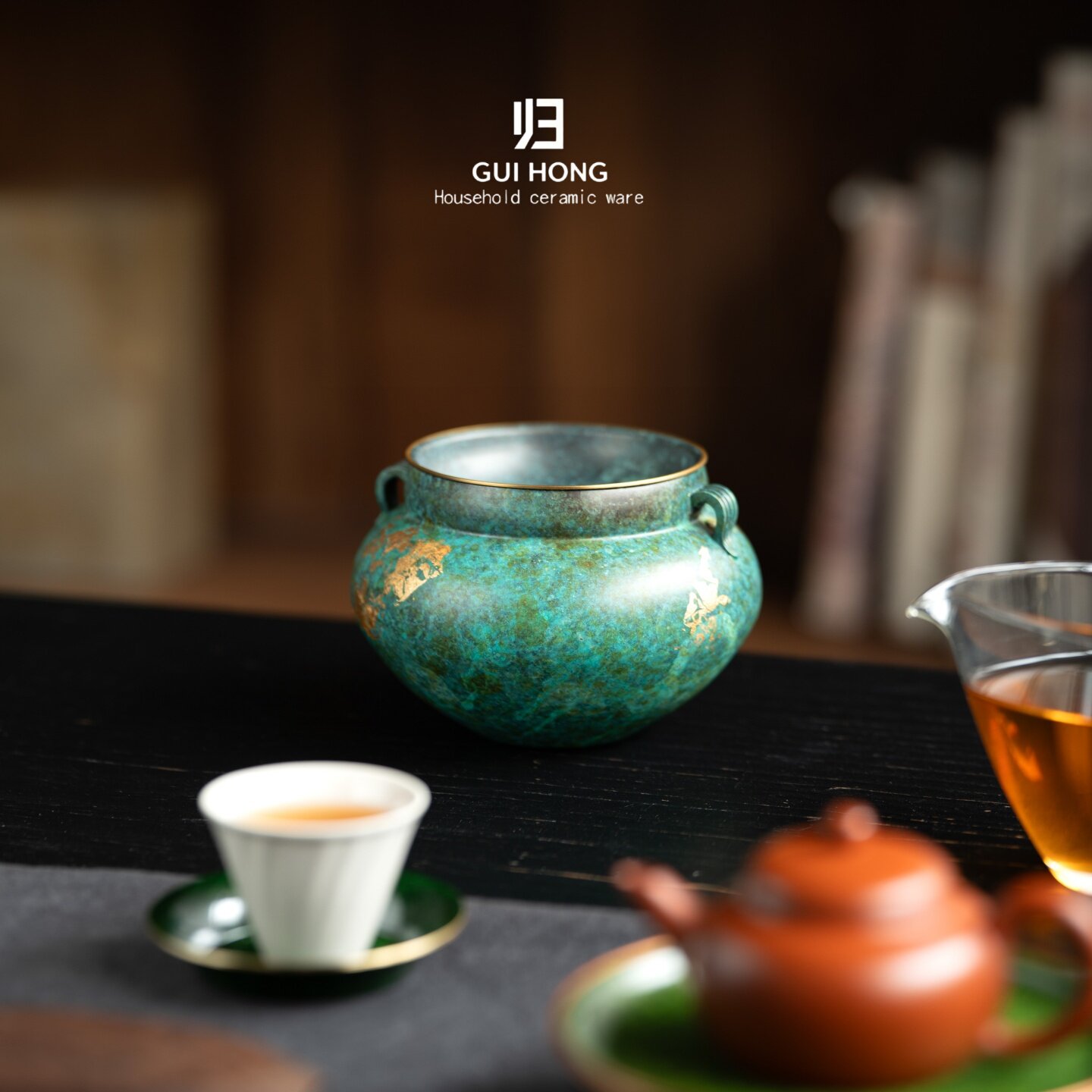 归鸿中式复古蓝茶渣缸双耳款铜制茶洗功夫茶道建水废水缸茶具配件