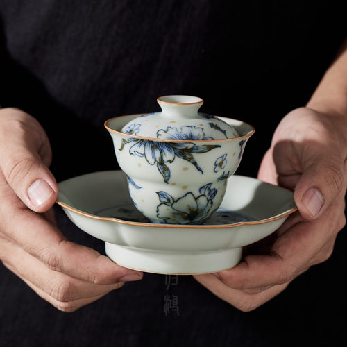 归鸿青花釉下彩太阳花三才盖碗茶碗陶瓷泡茶碗家用功夫茶具壶承