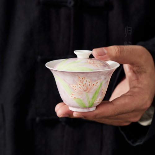 归鸿玉泥手绘墨染百合花陶瓷盖碗高端功夫茶具家用薄胎防烫泡茶碗