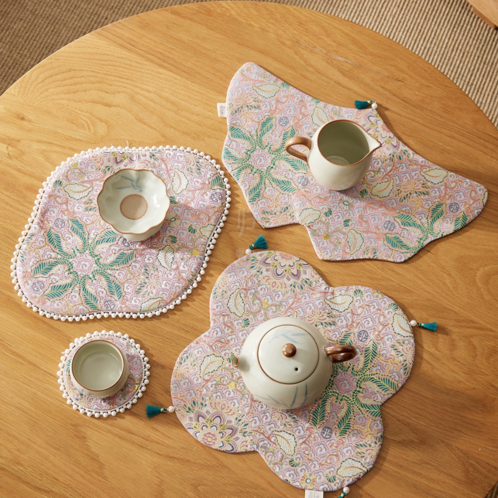 归鸿 原创双面创意珍珠边茶席新中式禅意织锦缎茶杯垫高端茶席垫