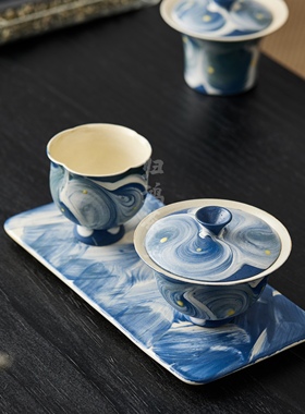 归鸿牧渔景德镇纯手工陶瓷盖碗复古手绘粗陶悬停泡茶碗茶杯主人杯