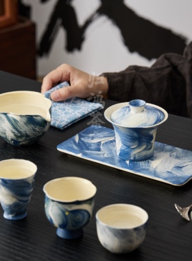 归鸿牧渔景德镇手工陶瓷化妆土盖碗复古手绘悬停泡茶碗公道杯茶杯