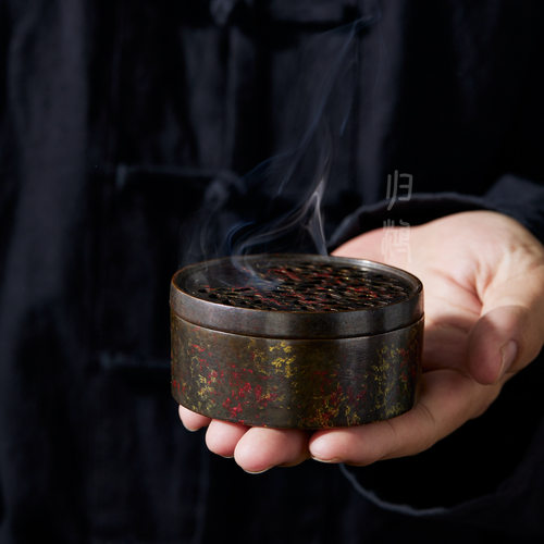 归鸿 新中式铜做旧复古镂空香薰炉家用禅意檀香盘香炉茶道摆件