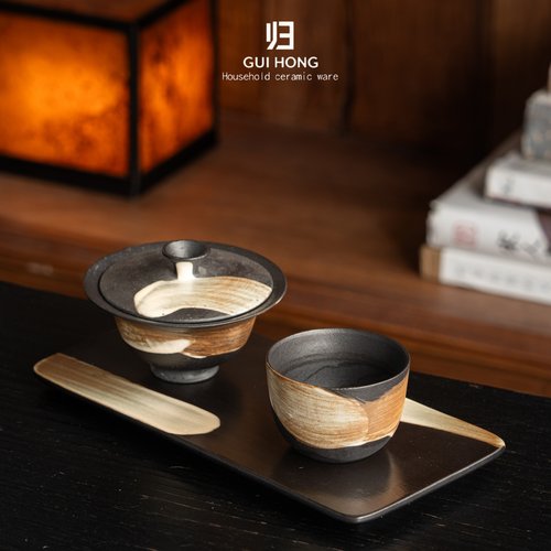 归鸿黑白水墨盖碗手工复古悬停盖碗景德镇陶瓷功夫茶具套组泡茶